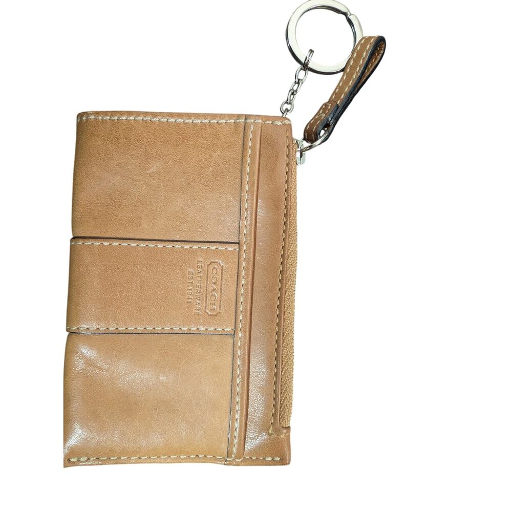 Coach Tan Leather Zip Card Case Wristlet Keyring - Picture 3 of 10
